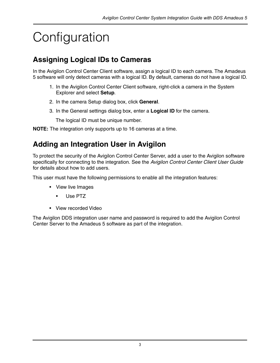 Configuration, Assigning logical ids to cameras, Adding an integration user in avigilon | Avigilon DDS Amadeus 5 Integration User Manual | Page 7 / 10