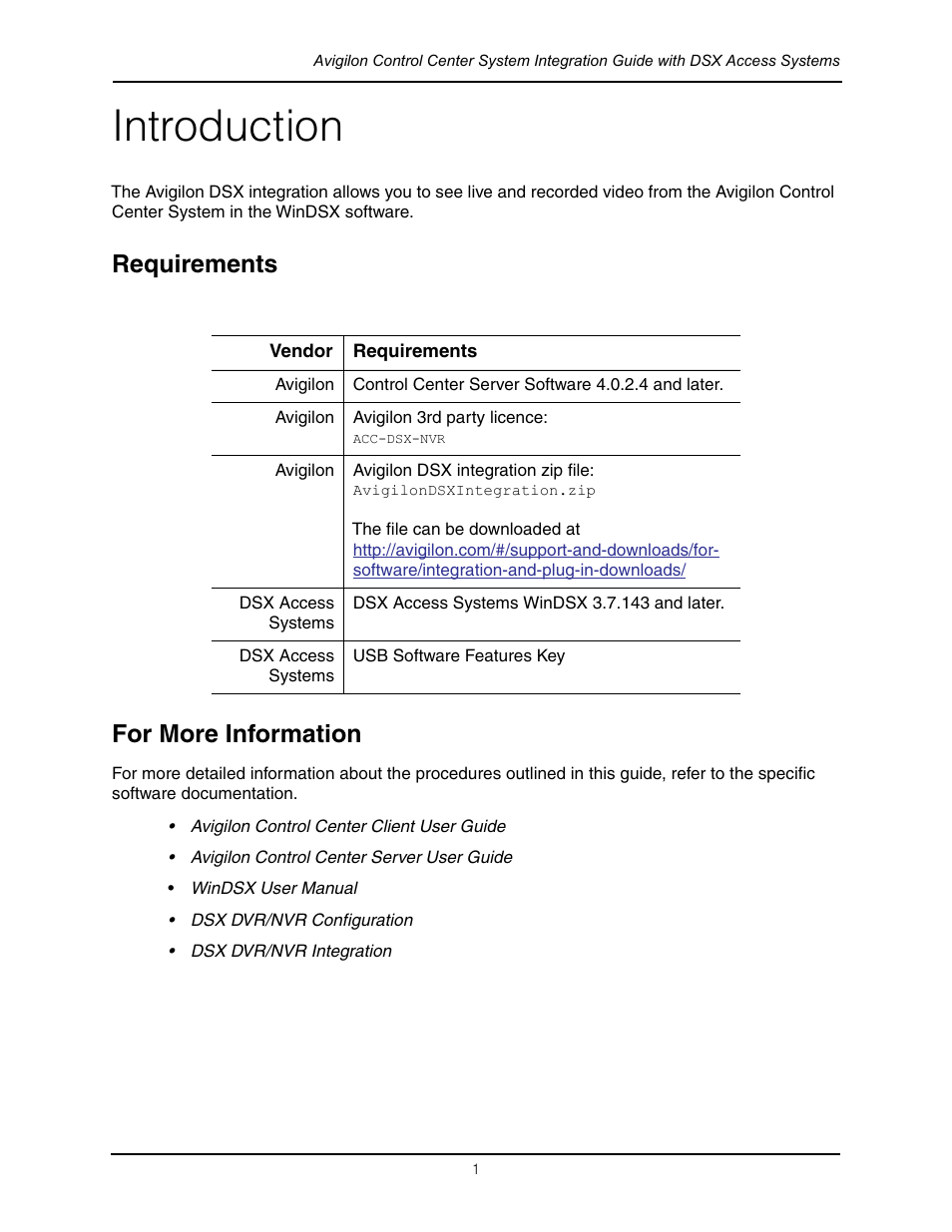 Introduction, Requirements, For more information | Requirements for more information | Avigilon DSX Access Systems Integration User Manual | Page 6 / 10