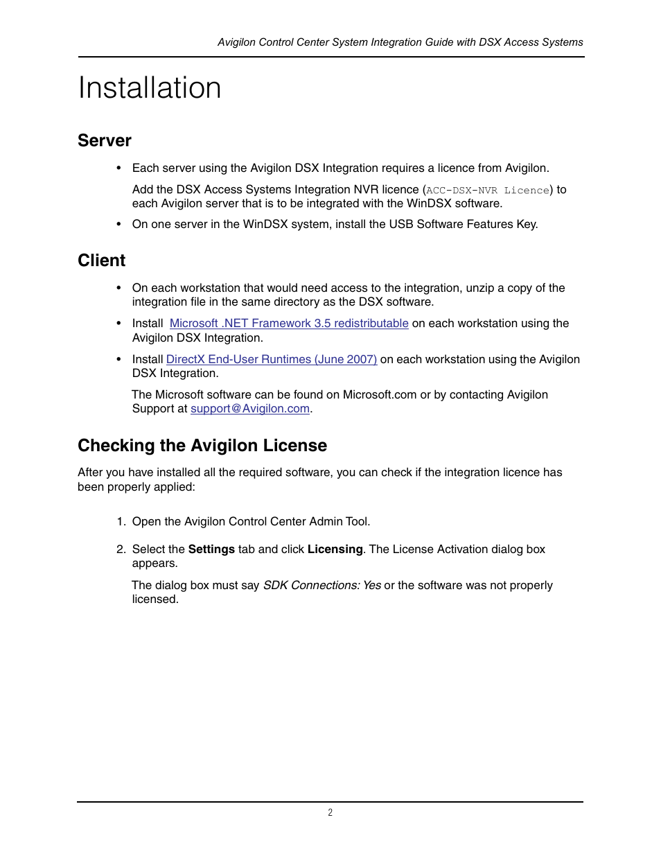 Installation, Server, Client | Checking the avigilon license, Server client checking the avigilon license | Avigilon DSX Access Systems Integration User Manual | Page 7 / 10