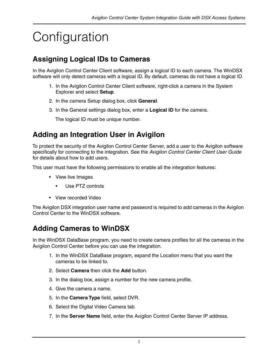 Configuration, Assigning logical ids to cameras, Adding an integration user in avigilon | Adding cameras to windsx | Avigilon DSX Access Systems Integration User Manual | Page 8 / 10