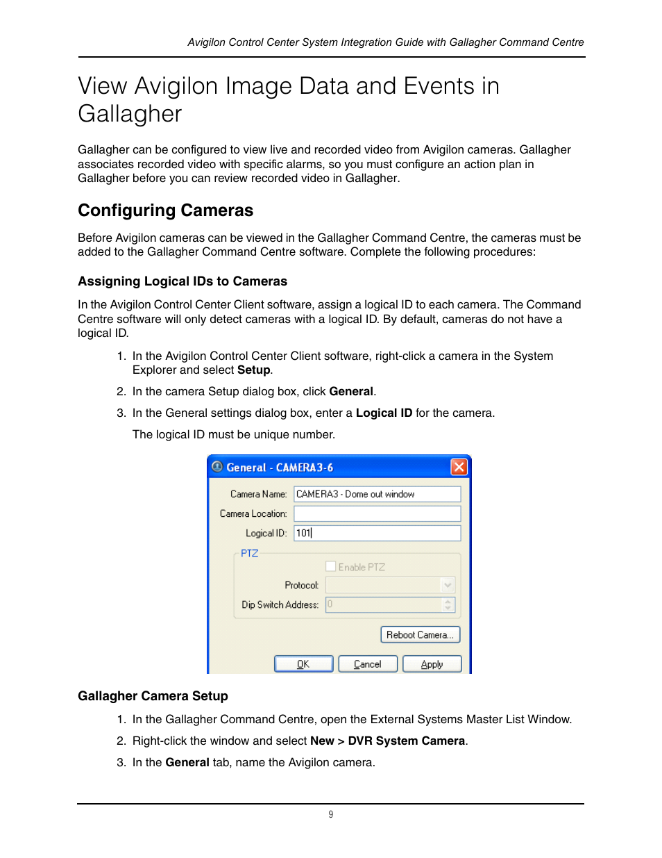 View avigilon image data and events in gallagher, Configuring cameras, Assigning logical ids to cameras | Gallagher camera setup | Avigilon Gallagher Command Center Integration User Manual | Page 12 / 19