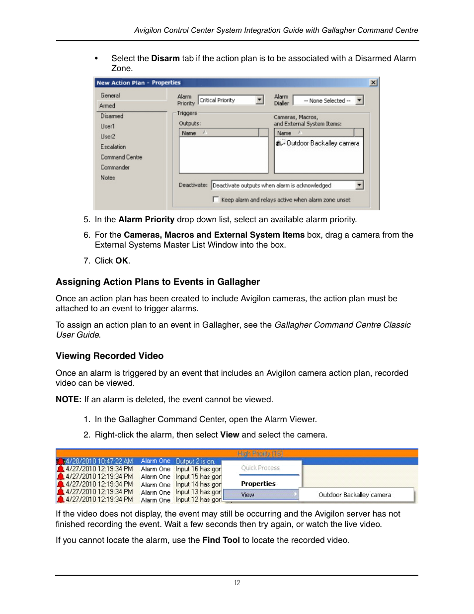 Assigning action plans to events in gallagher, Viewing recorded video | Avigilon Gallagher Command Center Integration User Manual | Page 15 / 19