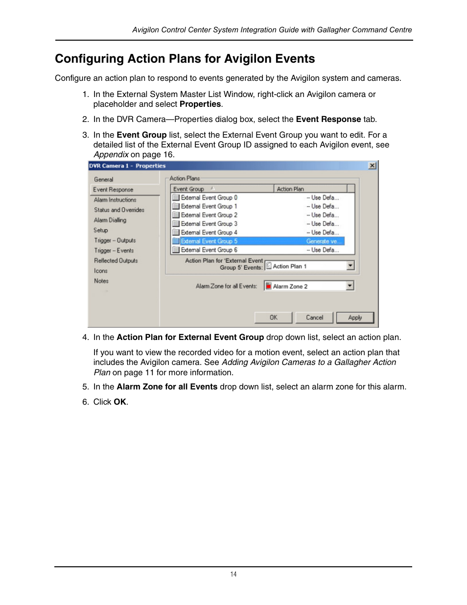Configuring action plans for avigilon events | Avigilon Gallagher Command Center Integration User Manual | Page 17 / 19