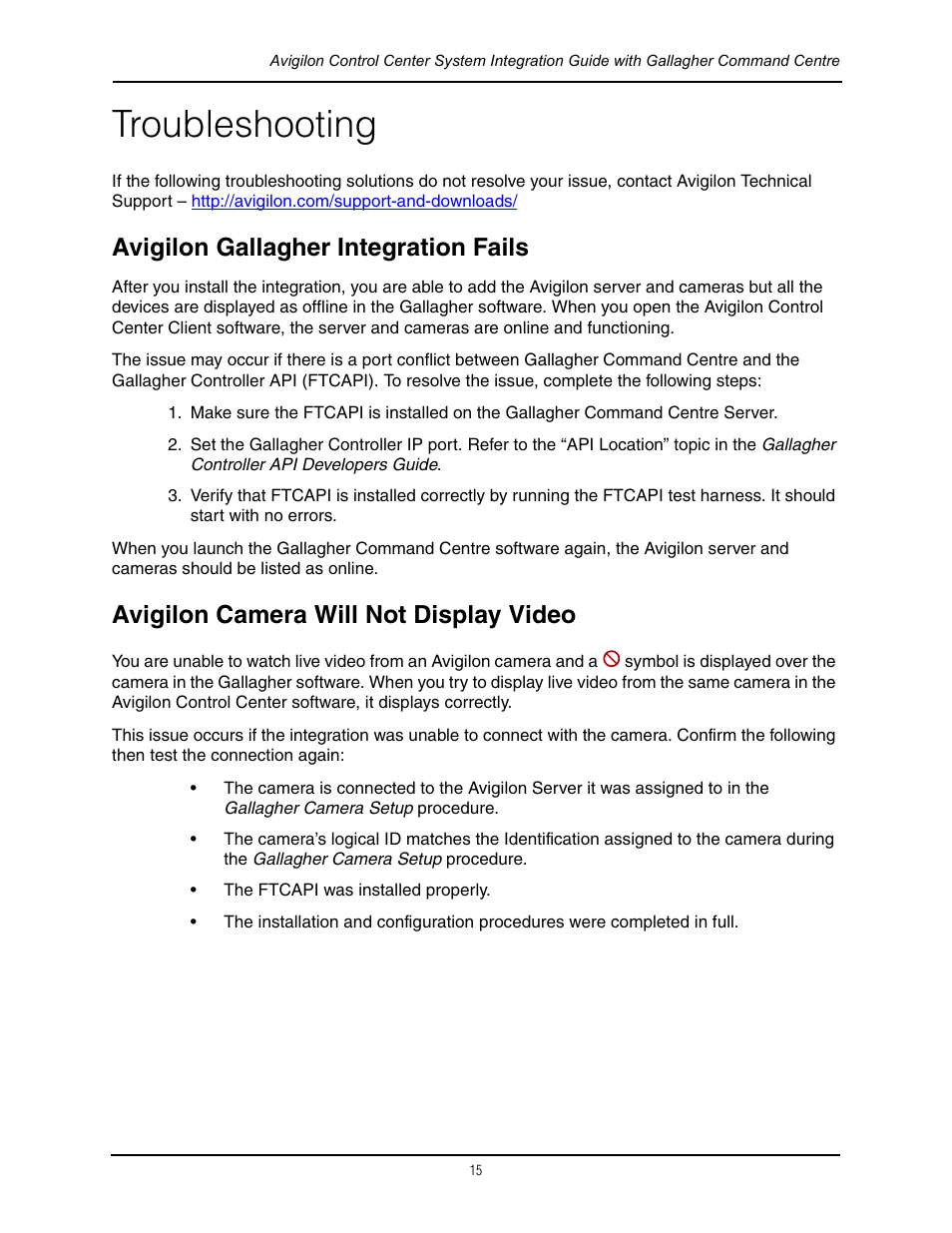 Troubleshooting, Avigilon gallagher integration fails, Avigilon camera will not display video | Avigilon Gallagher Command Center Integration User Manual | Page 18 / 19