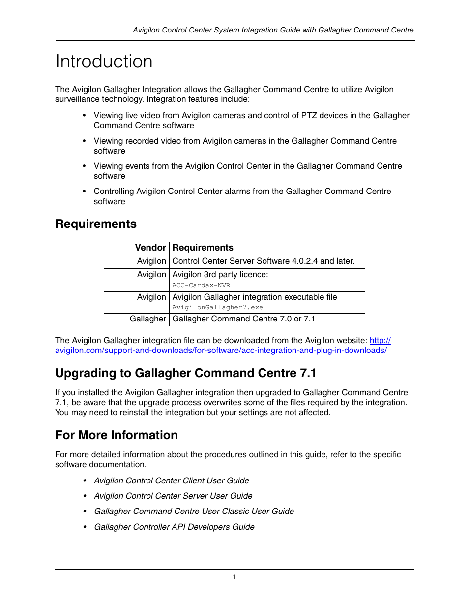 Introduction, Requirements, Upgrading to gallagher command centre 7.1 | For more information | Avigilon Gallagher Command Center Integration User Manual | Page 4 / 19