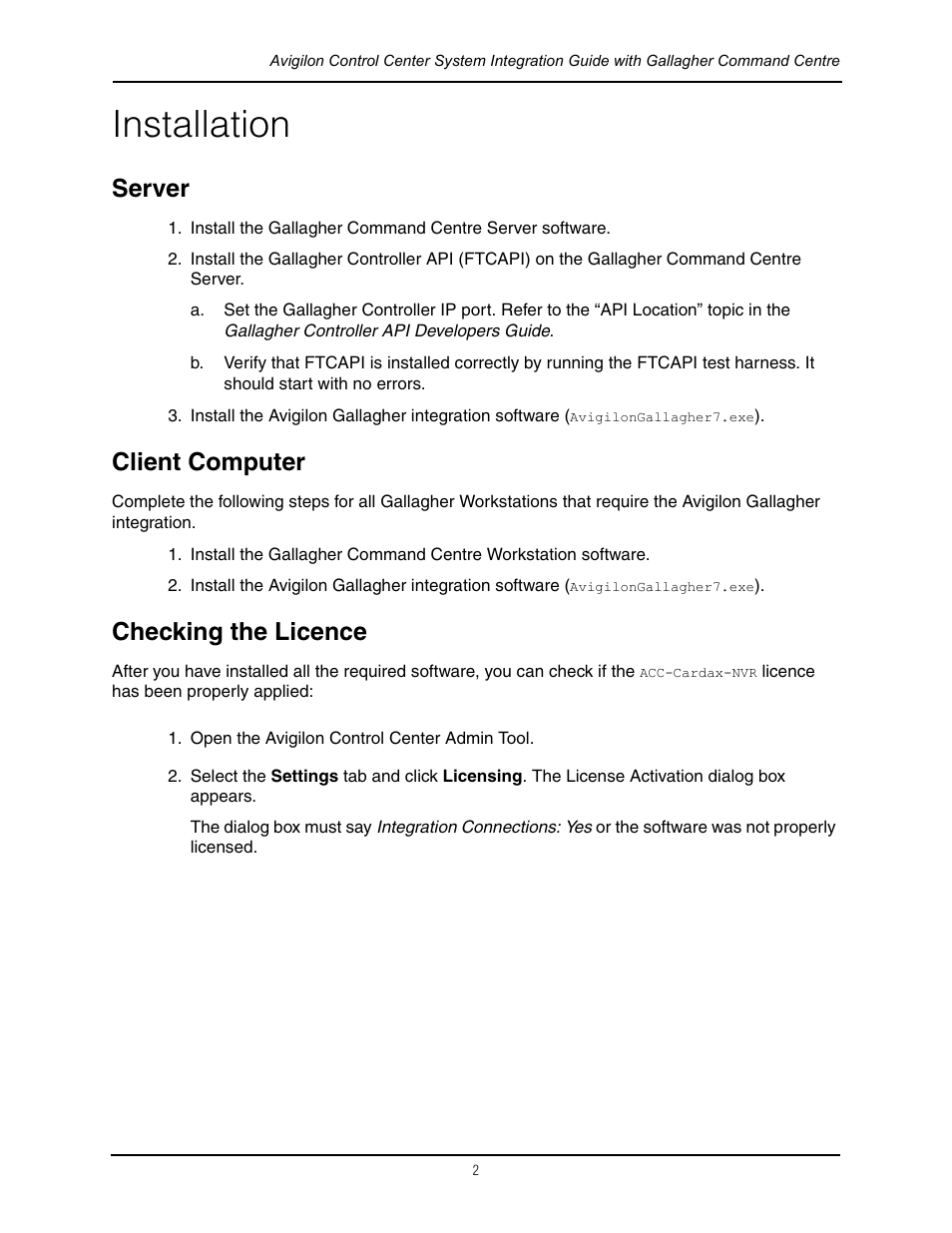 Installation, Server, Client computer | Checking the licence, Server client computer checking the licence | Avigilon Gallagher Command Center Integration User Manual | Page 5 / 19