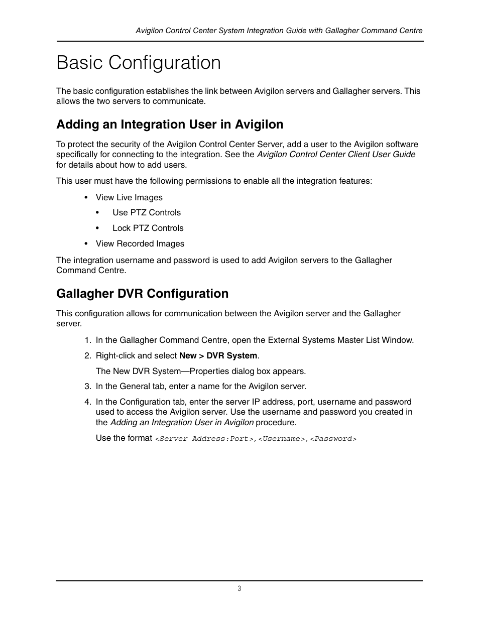 Basic configuration, Adding an integration user in avigilon, Gallagher dvr configuration | Avigilon Gallagher Command Center Integration User Manual | Page 6 / 19