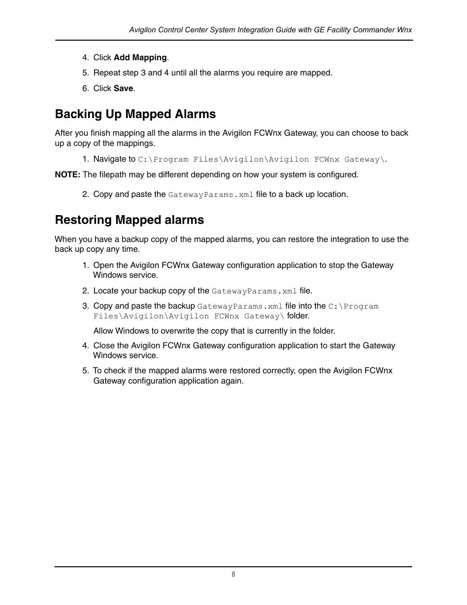 Backing up mapped alarms, Restoring mapped alarms, Backing up mapped alarms restoring mapped alarms | Avigilon GE Facility Commander Wnx Integration User Manual | Page 11 / 13