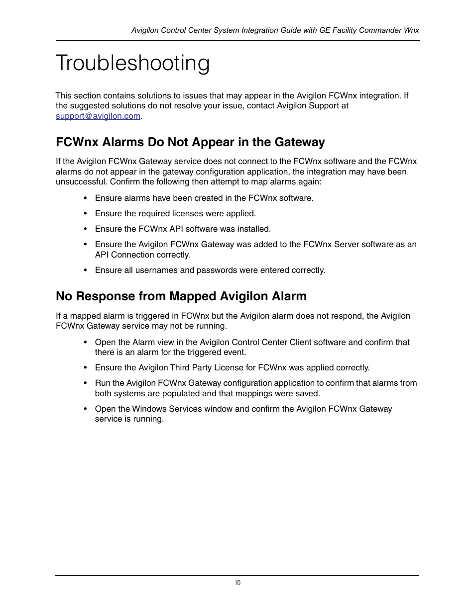 Troubleshooting, Fcwnx alarms do not appear in the gateway, No response from mapped avigilon alarm | Avigilon GE Facility Commander Wnx Integration User Manual | Page 13 / 13