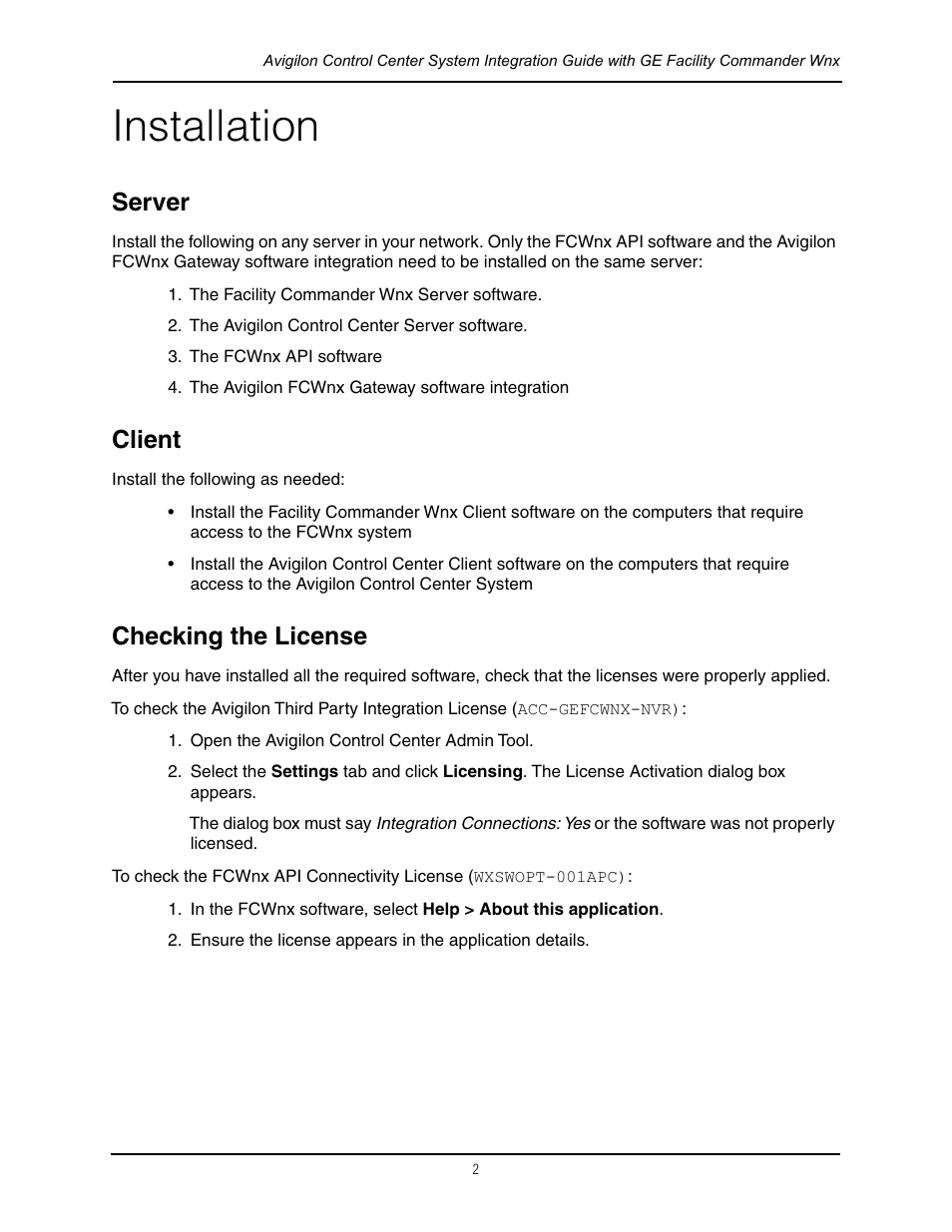 Installation, Server, Client | Checking the license, Server client checking the license | Avigilon GE Facility Commander Wnx Integration User Manual | Page 5 / 13