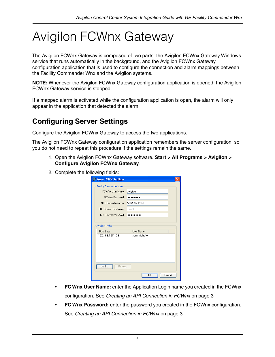 Avigilon fcwnx gateway, Configuring server settings | Avigilon GE Facility Commander Wnx Integration User Manual | Page 9 / 13