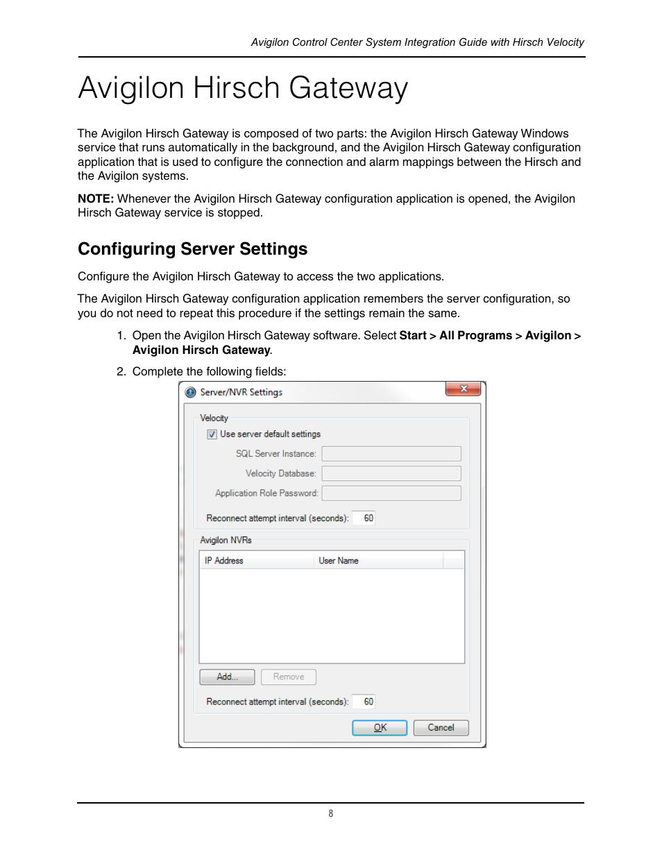 Avigilon hirsch gateway, Configuring server settings | Avigilon Hirsch Velocity Integration User Manual | Page 11 / 16