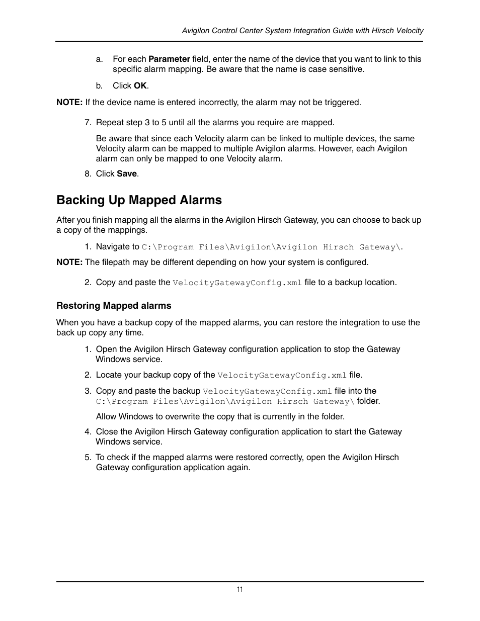 Backing up mapped alarms, Restoring mapped alarms | Avigilon Hirsch Velocity Integration User Manual | Page 14 / 16