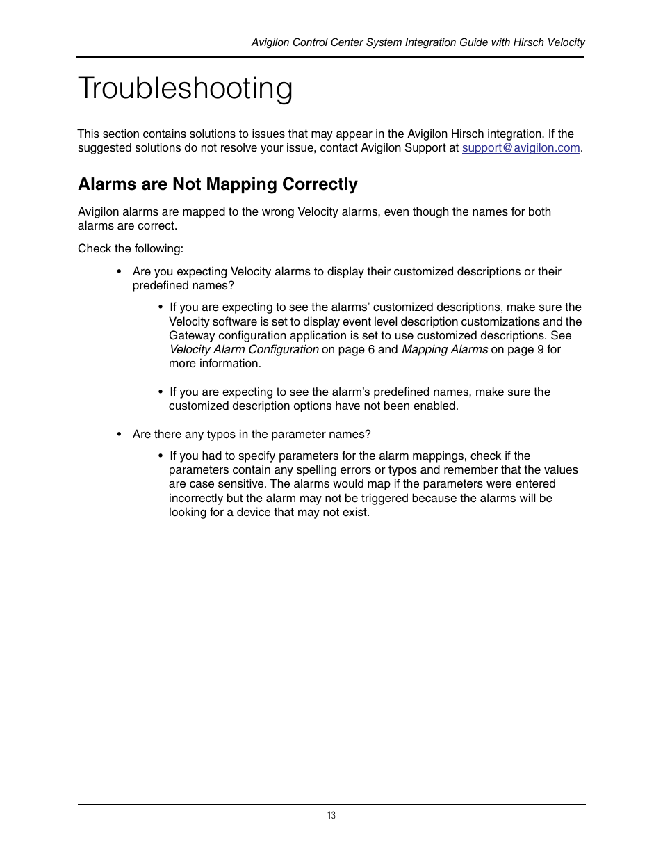 Troubleshooting, Alarms are not mapping correctly | Avigilon Hirsch Velocity Integration User Manual | Page 16 / 16