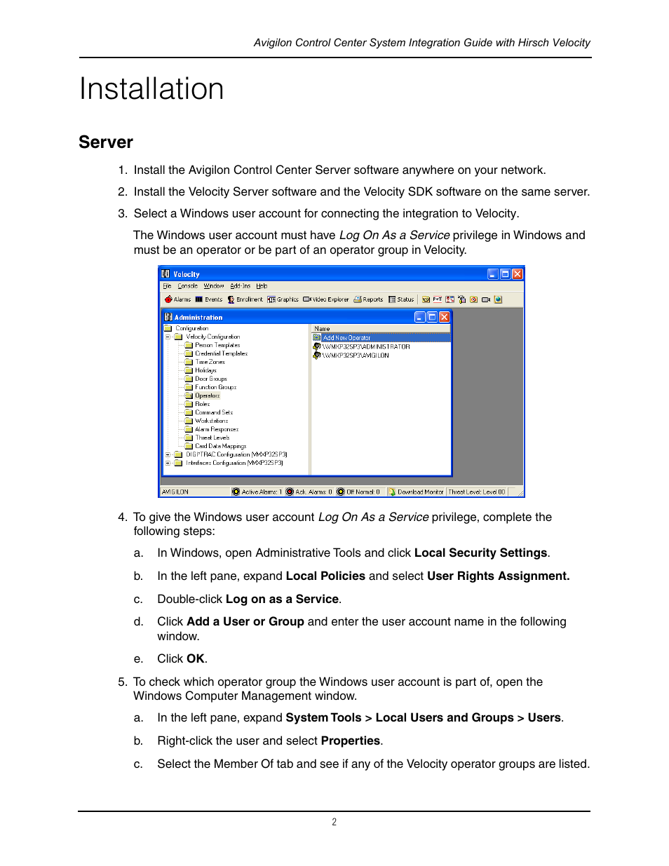 Installation, Server | Avigilon Hirsch Velocity Integration User Manual | Page 5 / 16