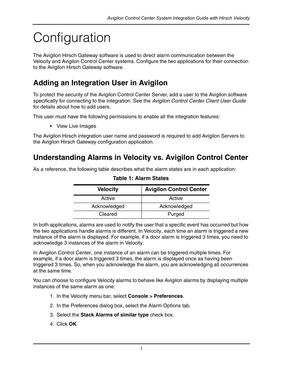 Configuration, Adding an integration user in avigilon, Understanding alarms in velocity | Vs. avigilon control center | Avigilon Hirsch Velocity Integration User Manual | Page 8 / 16