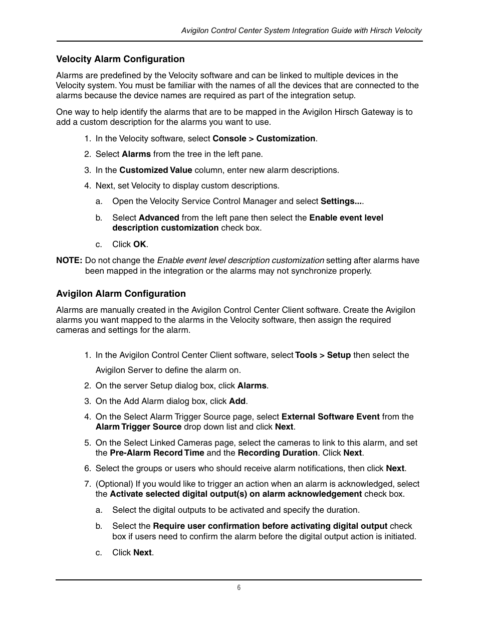 Velocity alarm configuration, Avigilon alarm configuration | Avigilon Hirsch Velocity Integration User Manual | Page 9 / 16