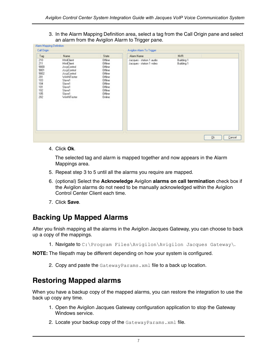 Backing up mapped alarms, Restoring mapped alarms, Backing up mapped alarms restoring mapped alarms | Avigilon Jacques VoIP Voice Communication System Integration User Manual | Page 10 / 12