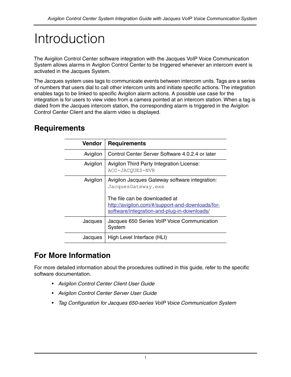 Introduction, Requirements, For more information | Requirements for more information | Avigilon Jacques VoIP Voice Communication System Integration User Manual | Page 4 / 12