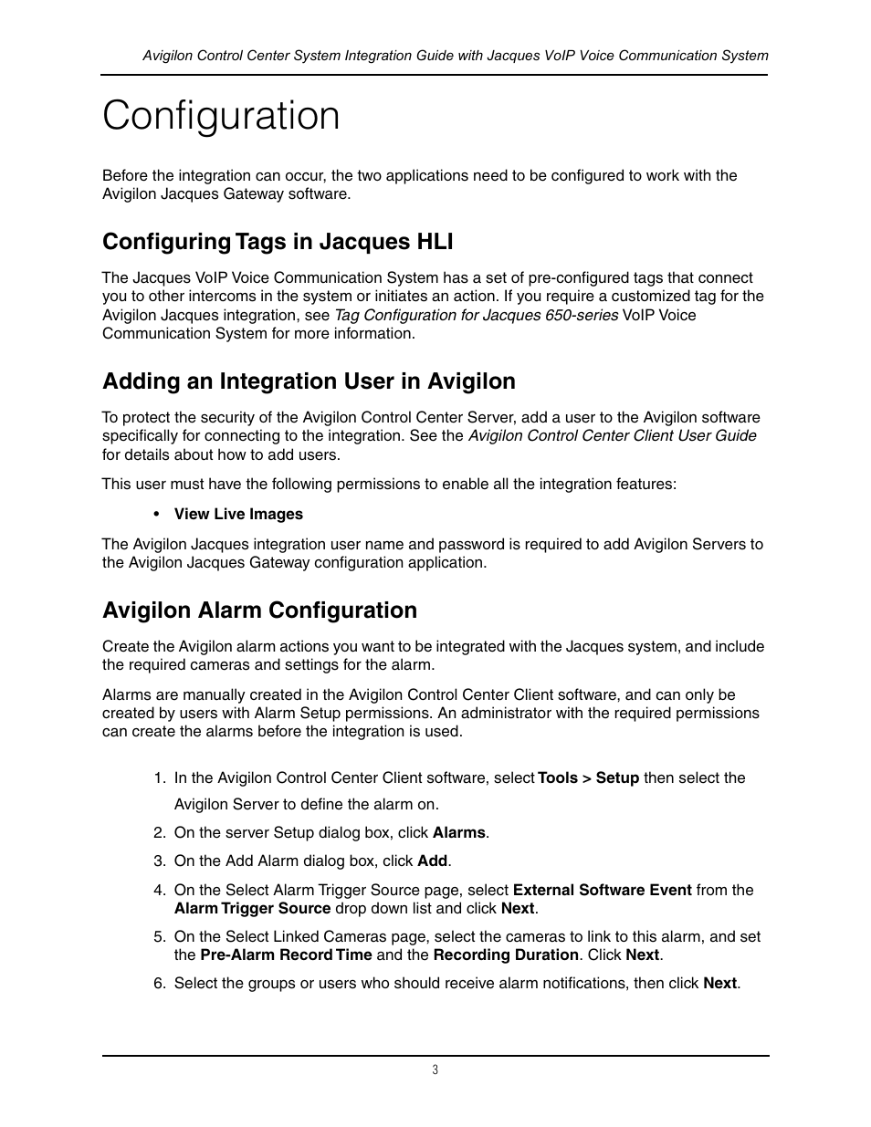 Configuration, Configuring tags in jacques hli, Adding an integration user in avigilon | Avigilon alarm configuration | Avigilon Jacques VoIP Voice Communication System Integration User Manual | Page 6 / 12