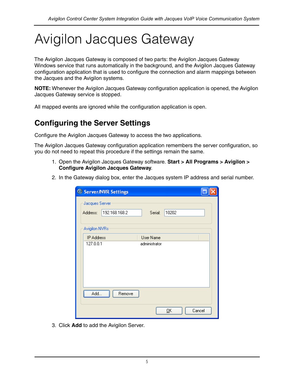 Avigilon jacques gateway, Configuring the server settings | Avigilon Jacques VoIP Voice Communication System Integration User Manual | Page 8 / 12