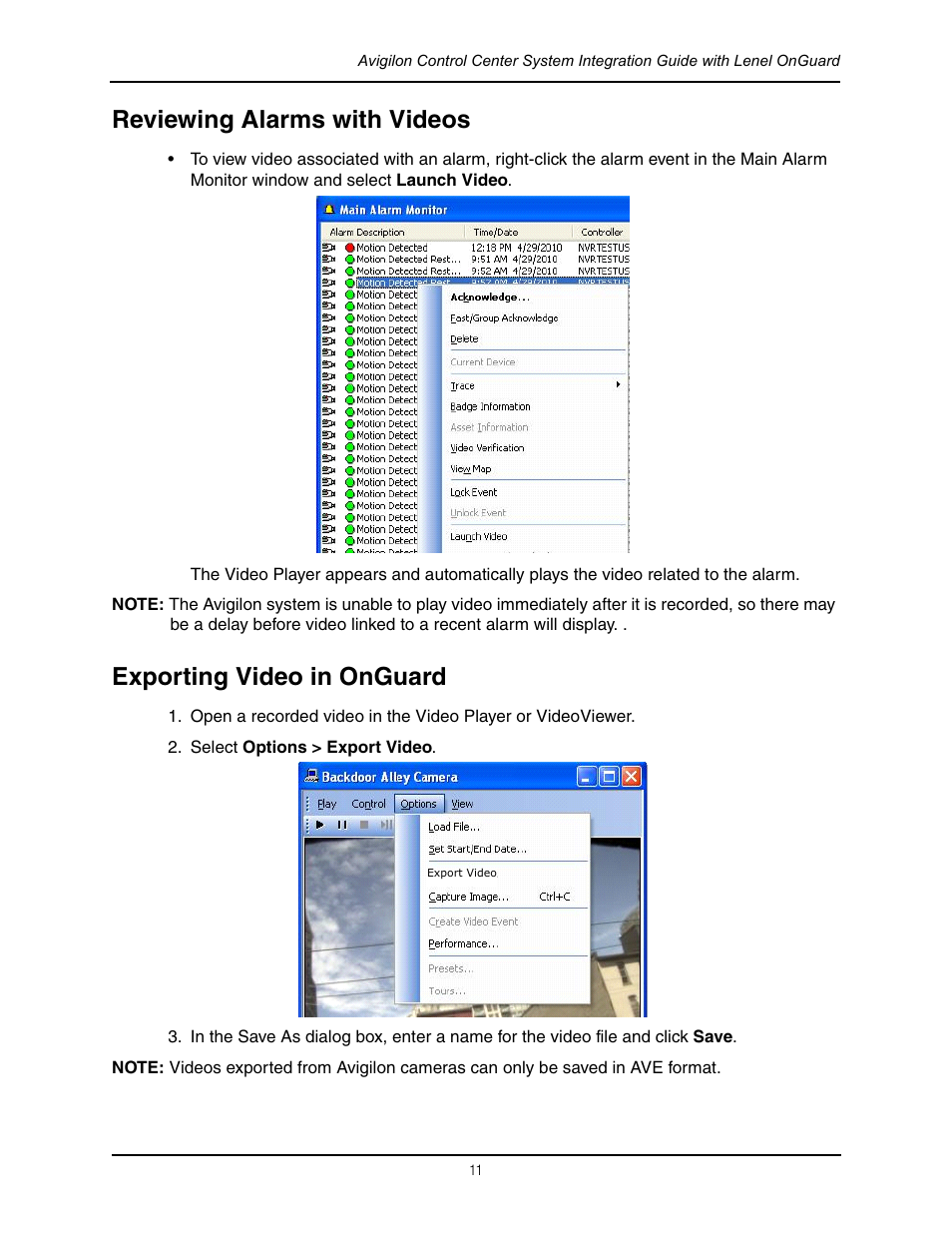 Reviewing alarms with videos, Exporting video in onguard | Avigilon Lenel On Guard Integration User Manual | Page 14 / 16