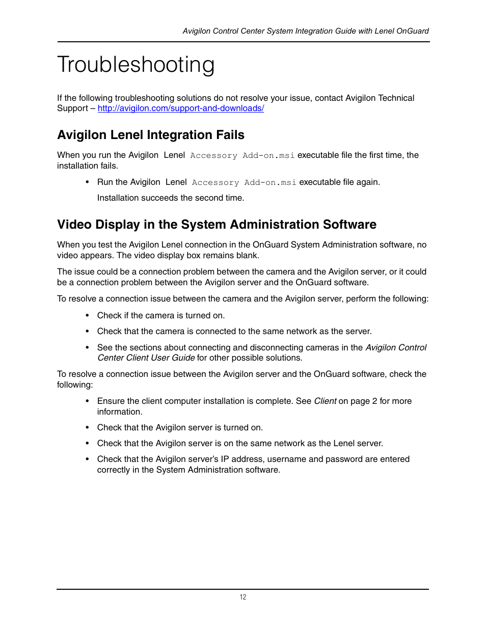 Troubleshooting, Avigilon lenel integration fails | Avigilon Lenel On Guard Integration User Manual | Page 15 / 16