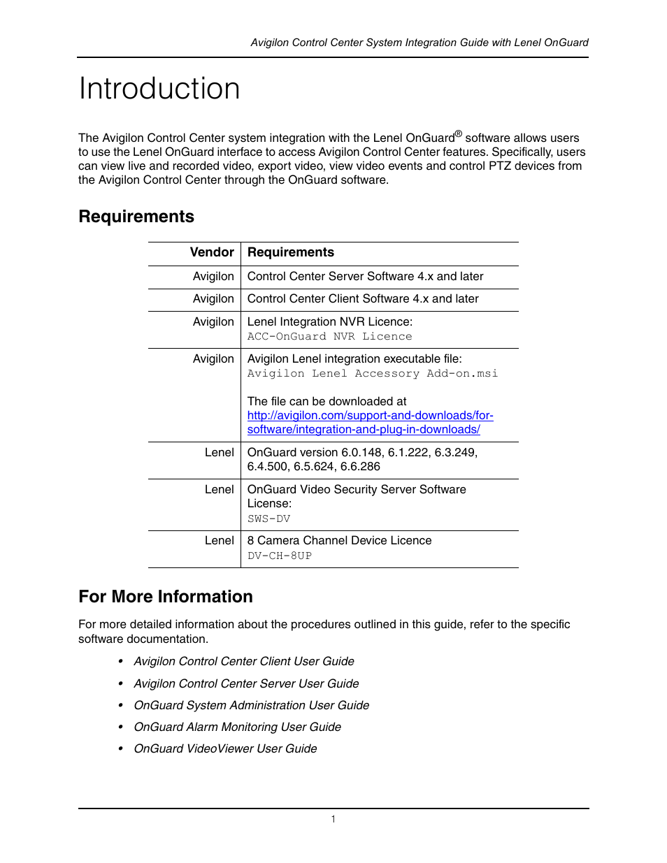Introduction, Requirements, For more information | Requirements for more information | Avigilon Lenel On Guard Integration User Manual | Page 4 / 16