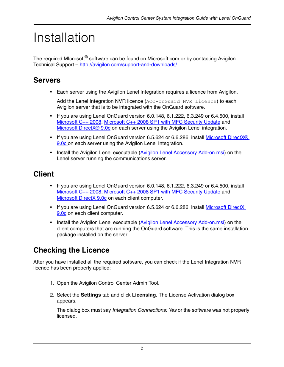 Installation, Servers, Client | Checking the licence, Servers client checking the licence | Avigilon Lenel On Guard Integration User Manual | Page 5 / 16