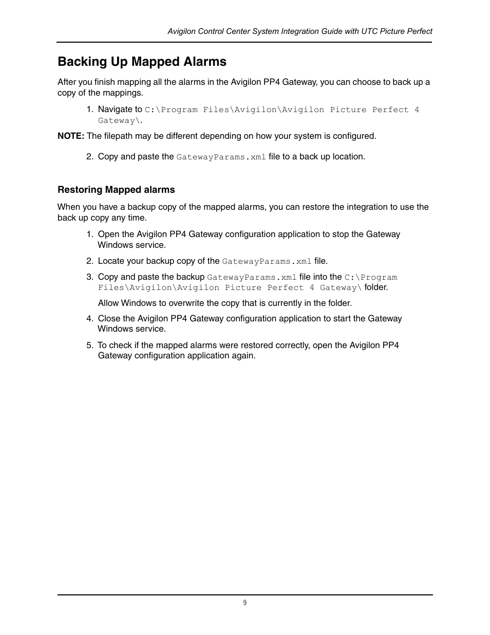 Backing up mapped alarms, Restoring mapped alarms | Avigilon Picture Perfect 4 Integration User Manual | Page 12 / 13