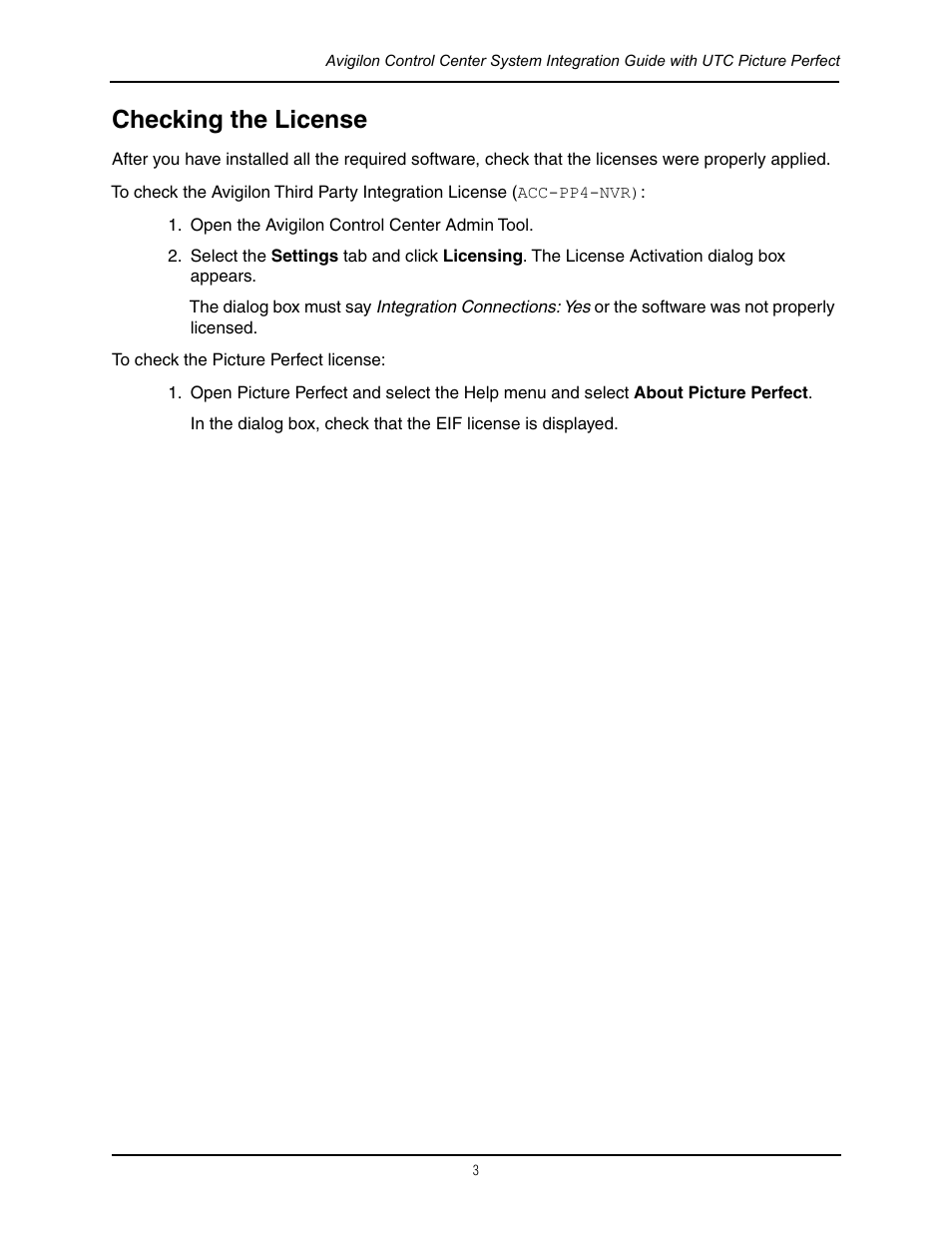 Checking the license | Avigilon Picture Perfect 4 Integration User Manual | Page 6 / 13