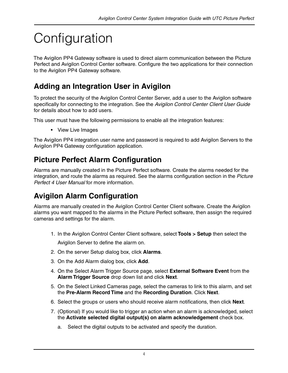 Configuration, Adding an integration user in avigilon, Picture perfect alarm configuration | Avigilon alarm configuration | Avigilon Picture Perfect 4 Integration User Manual | Page 7 / 13