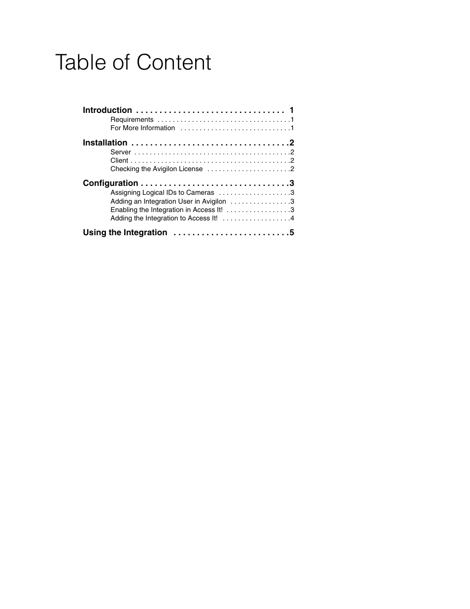 Table of content | Avigilon RS2 Access It Integration User Manual | Page 3 / 9