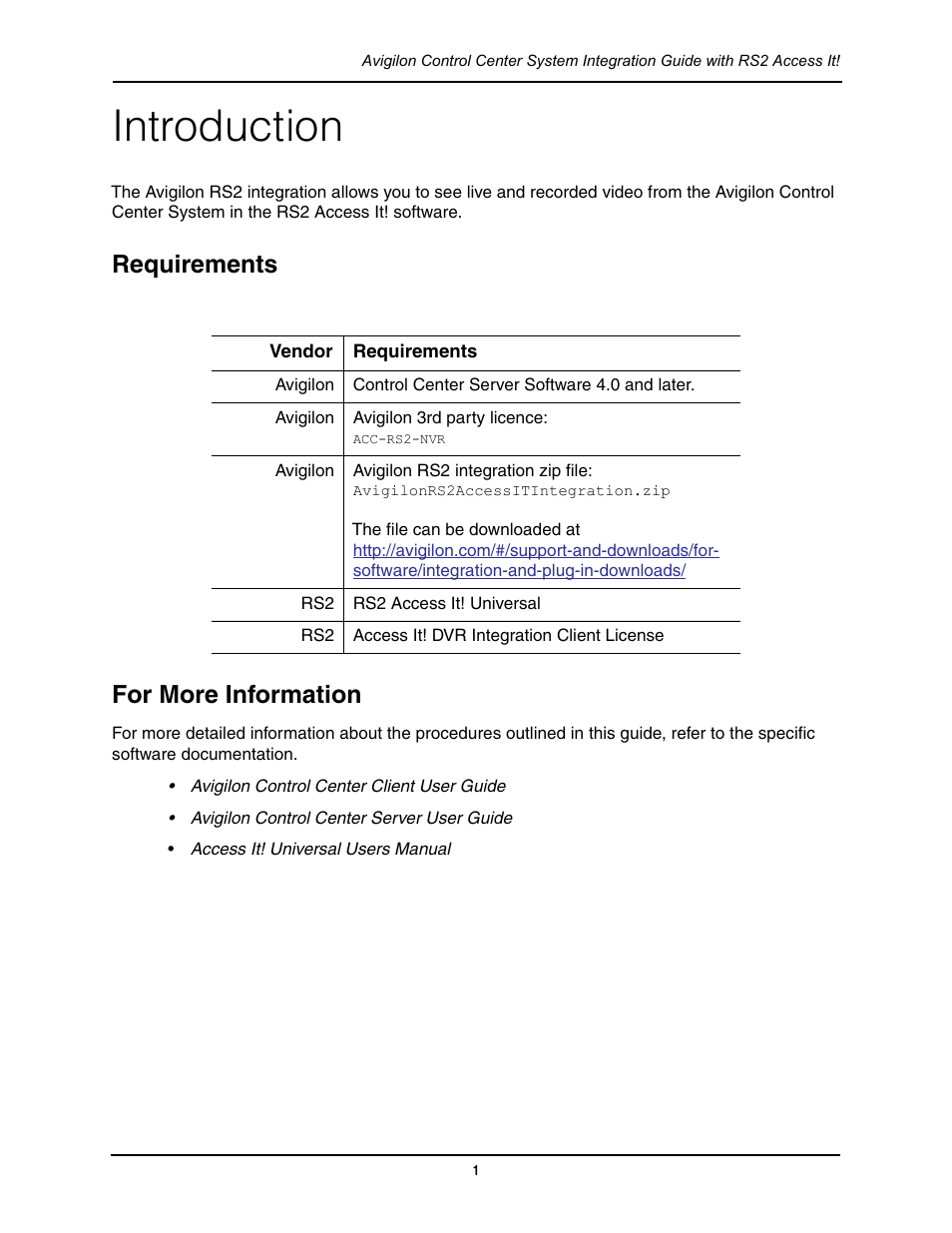 Introduction, Requirements, For more information | Requirements for more information | Avigilon RS2 Access It Integration User Manual | Page 5 / 9