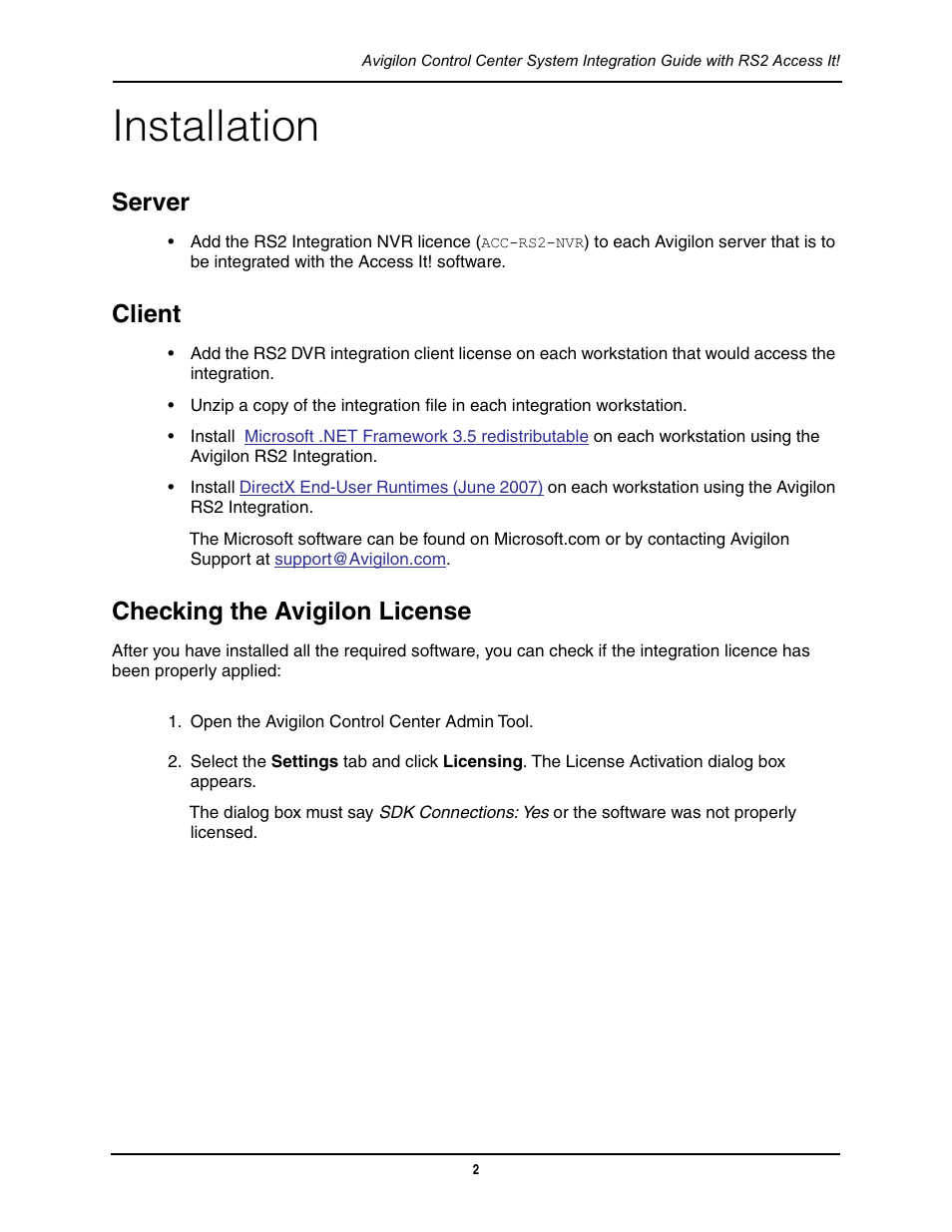 Installation, Server, Client | Checking the avigilon license, Server client checking the avigilon license | Avigilon RS2 Access It Integration User Manual | Page 6 / 9