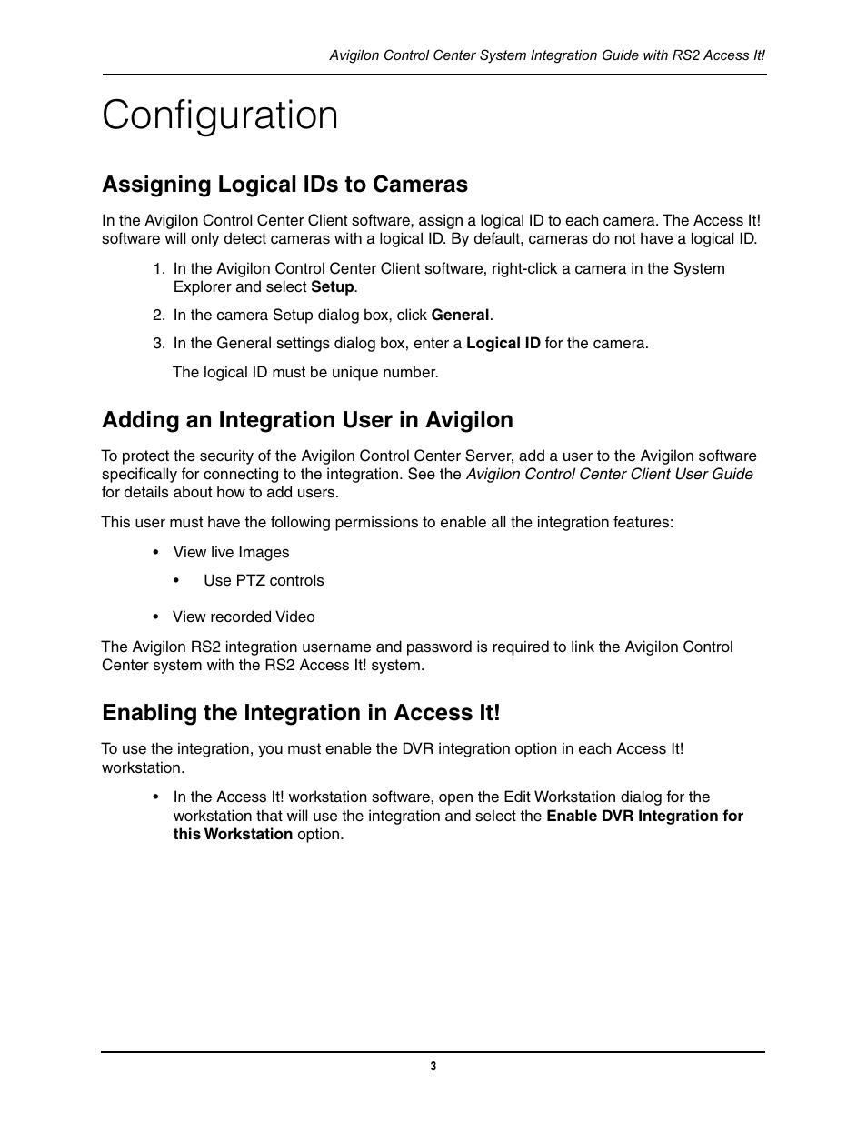 Configuration, Assigning logical ids to cameras, Adding an integration user in avigilon | Enabling the integration in access it | Avigilon RS2 Access It Integration User Manual | Page 7 / 9