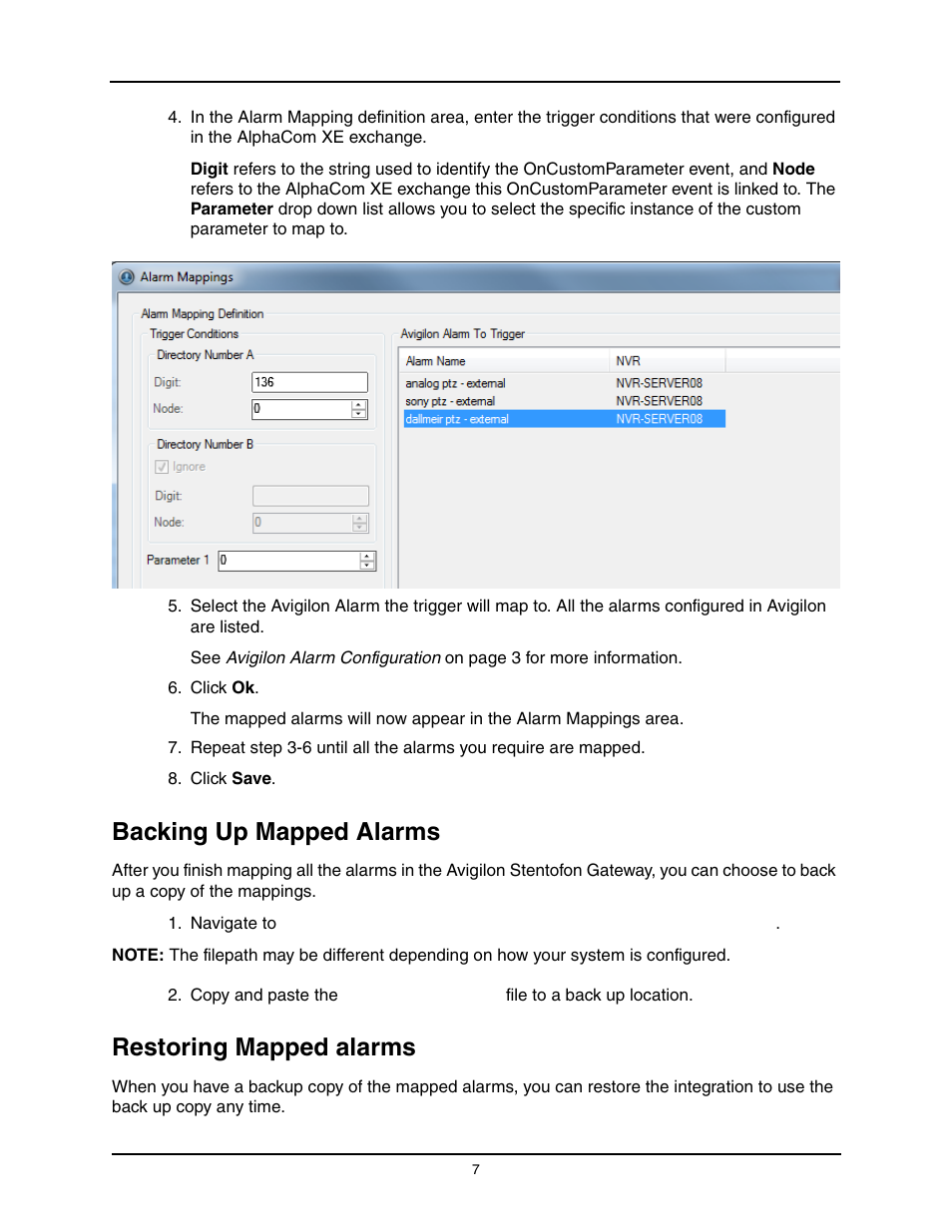 Backing up mapped alarms, Restoring mapped alarms | Avigilon Stentofon AlphaCom XE Integration User Manual | Page 10 / 12