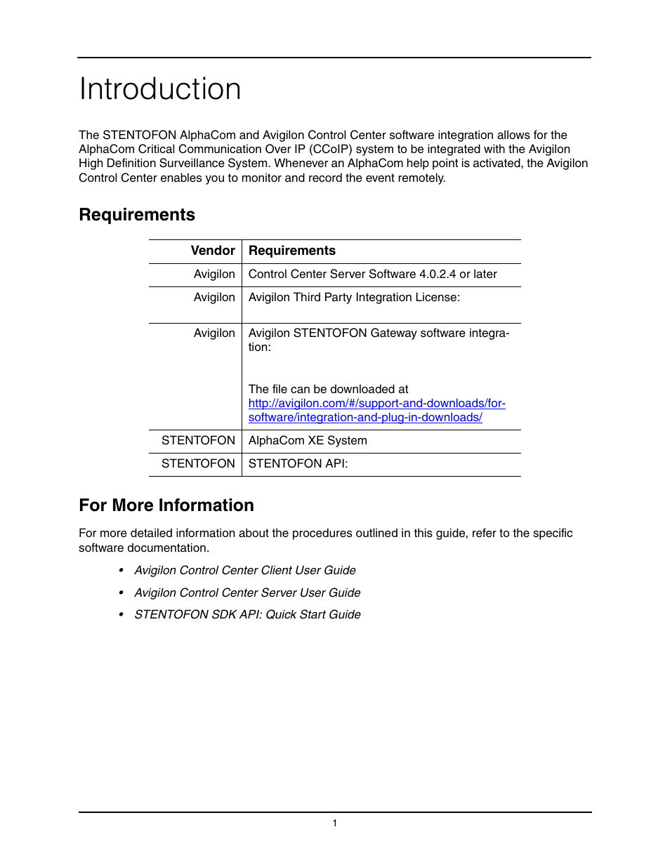 Introduction, Requirements for more information | Avigilon Stentofon AlphaCom XE Integration User Manual | Page 4 / 12