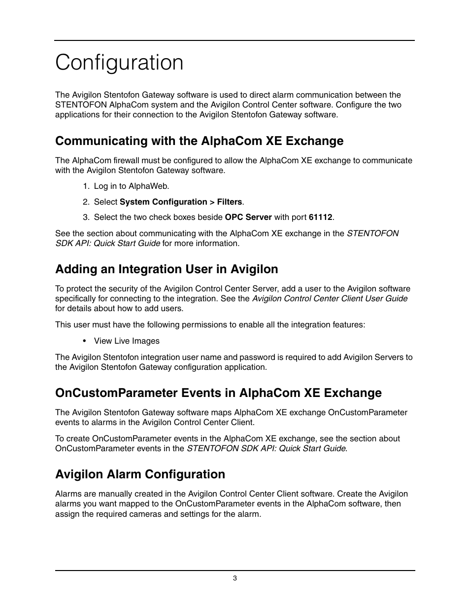 Configuration, Communicating with the alphacom xe exchange, Adding an integration user in avigilon | Oncustomparameter events in alphacom xe exchange, Avigilon alarm configuration | Avigilon Stentofon AlphaCom XE Integration User Manual | Page 6 / 12