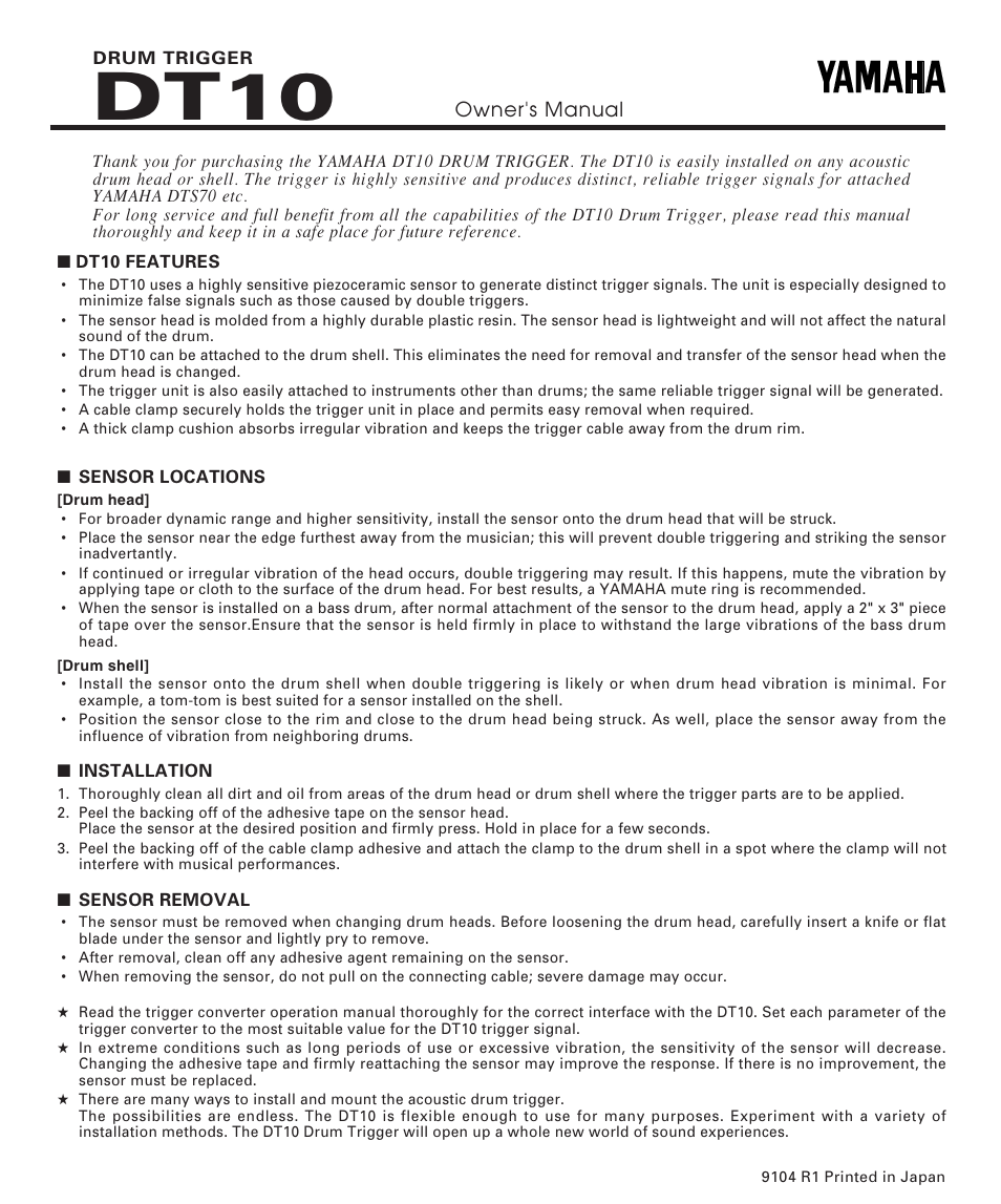 Yamaha DT10 User Manual | 3 pages