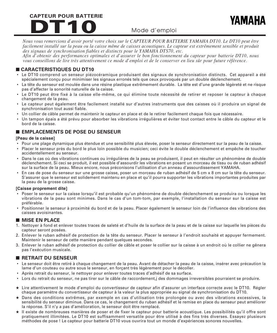 Dt10, Mode d’emploi | Yamaha DT10 User Manual | Page 2 / 3