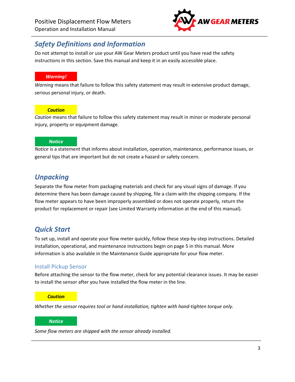 Unpacking, Quick start, Install pickup sensor | Safety definitions and information | AW Gear Meters GEAR METERS User Manual | Page 4 / 16