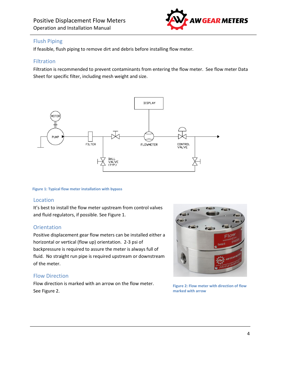 Flush piping, Filtration, Location | Orientation, Flow direction | AW Gear Meters GEAR METERS User Manual | Page 5 / 16