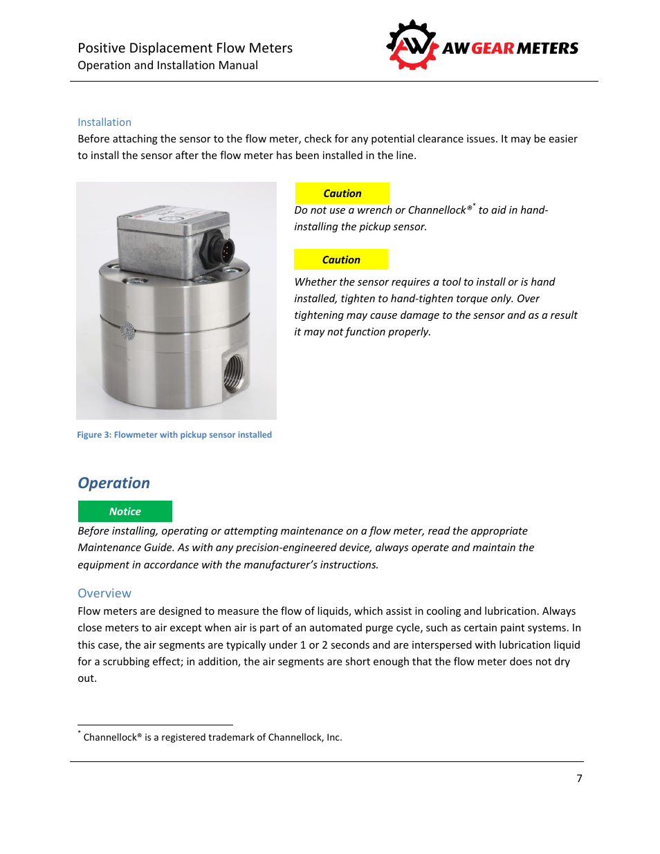 Installation, Operation, Overview | Positive displacement flow meters | AW Gear Meters GEAR METERS User Manual | Page 8 / 16