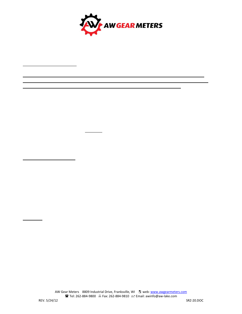 AW Gear Meters SRZ-20 User Manual | 2 pages