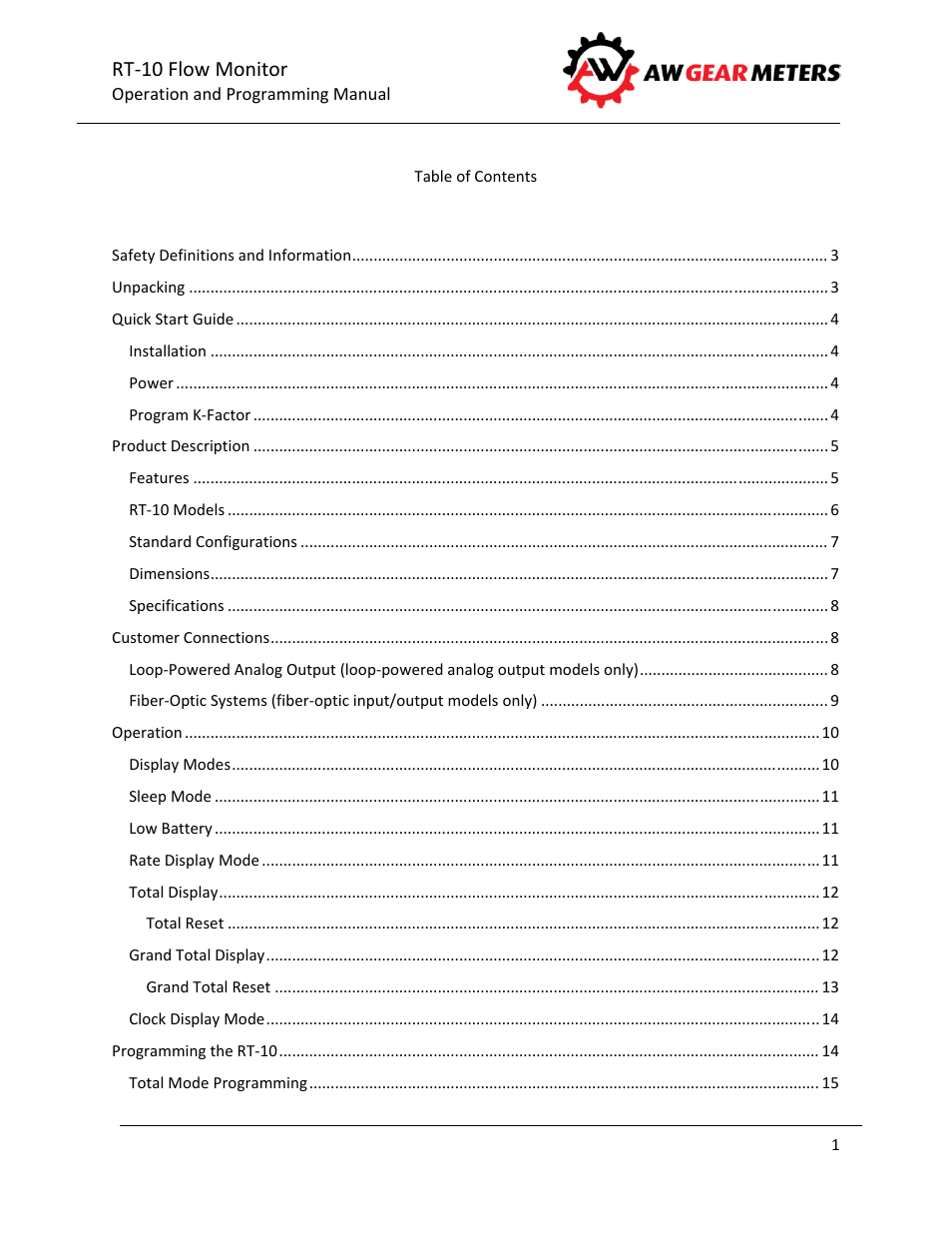 Rt‐10 flow monitor | AW Gear Meters RT-10 User Manual | Page 2 / 24