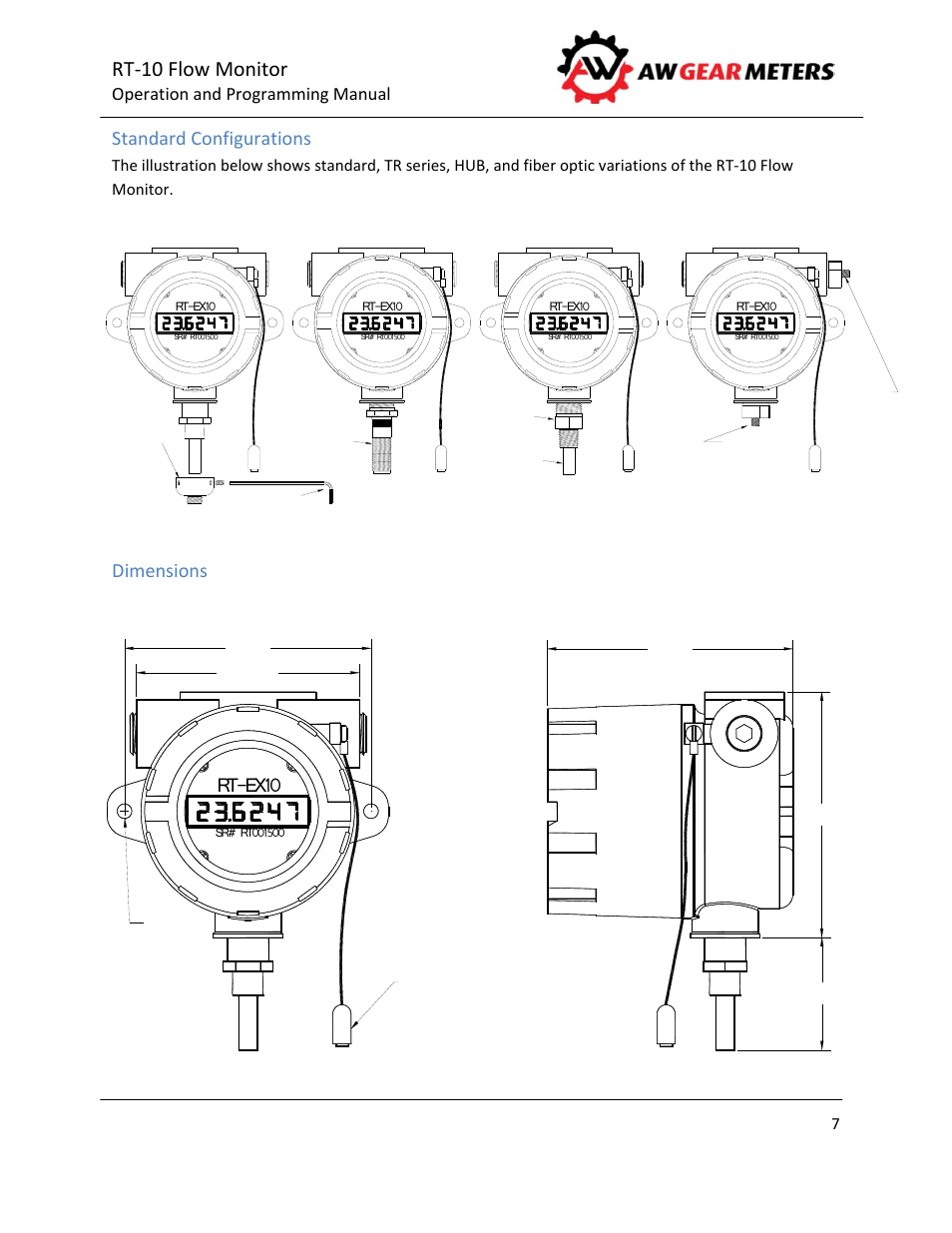 Rt‐10 flow monitor, Rt-ex10, Standard configurations | Dimensions, Operation and programming manual | AW Gear Meters RT-10 User Manual | Page 8 / 24