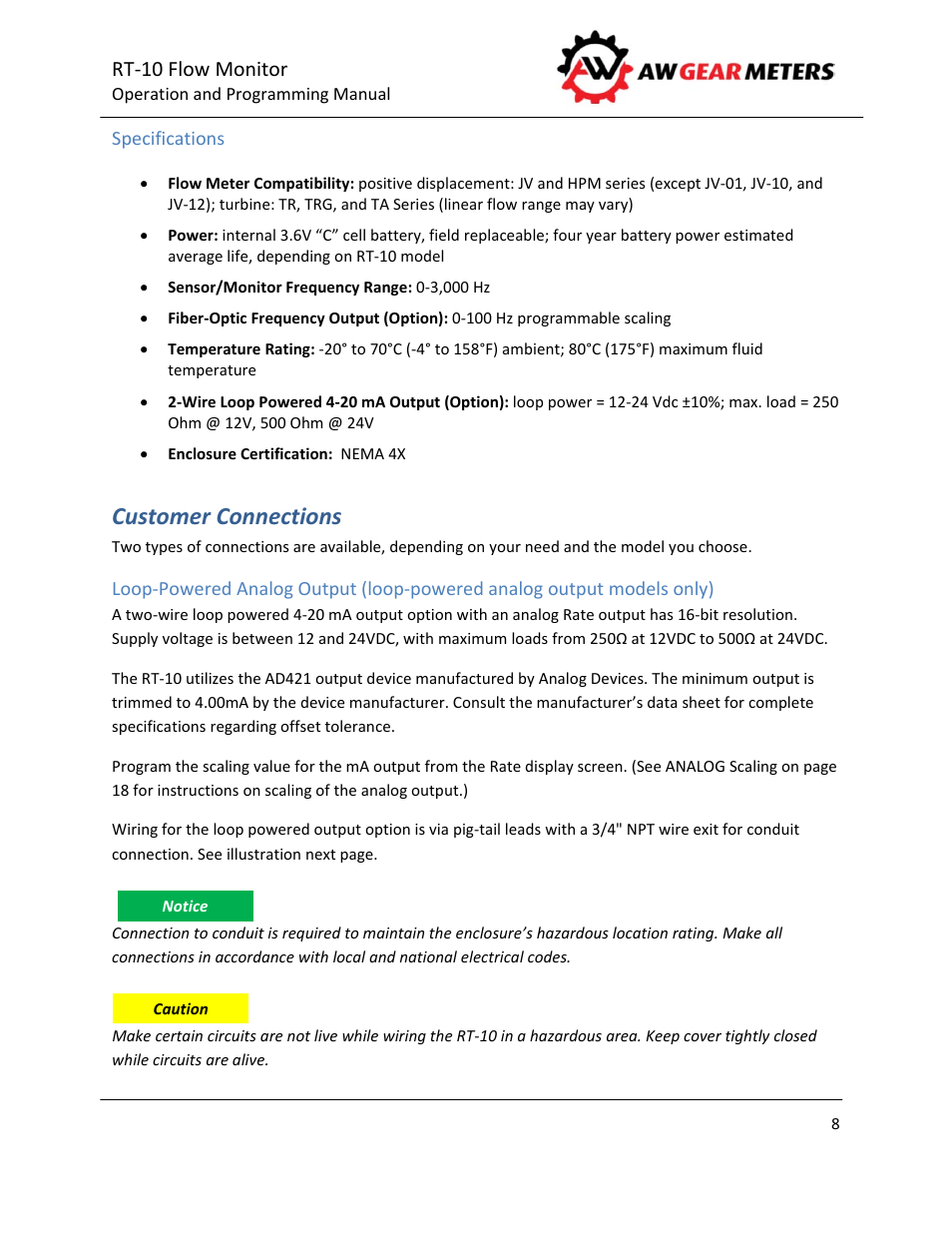Customer connections | AW Gear Meters RT-10 User Manual | Page 9 / 24