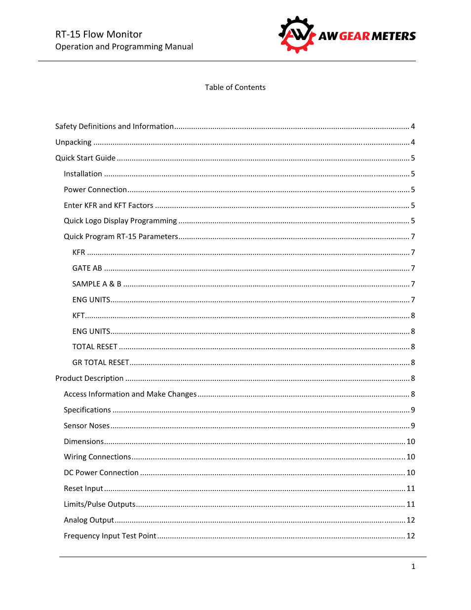 Rt‐15 flow monitor | AW Gear Meters RT-15 User Manual | Page 2 / 32