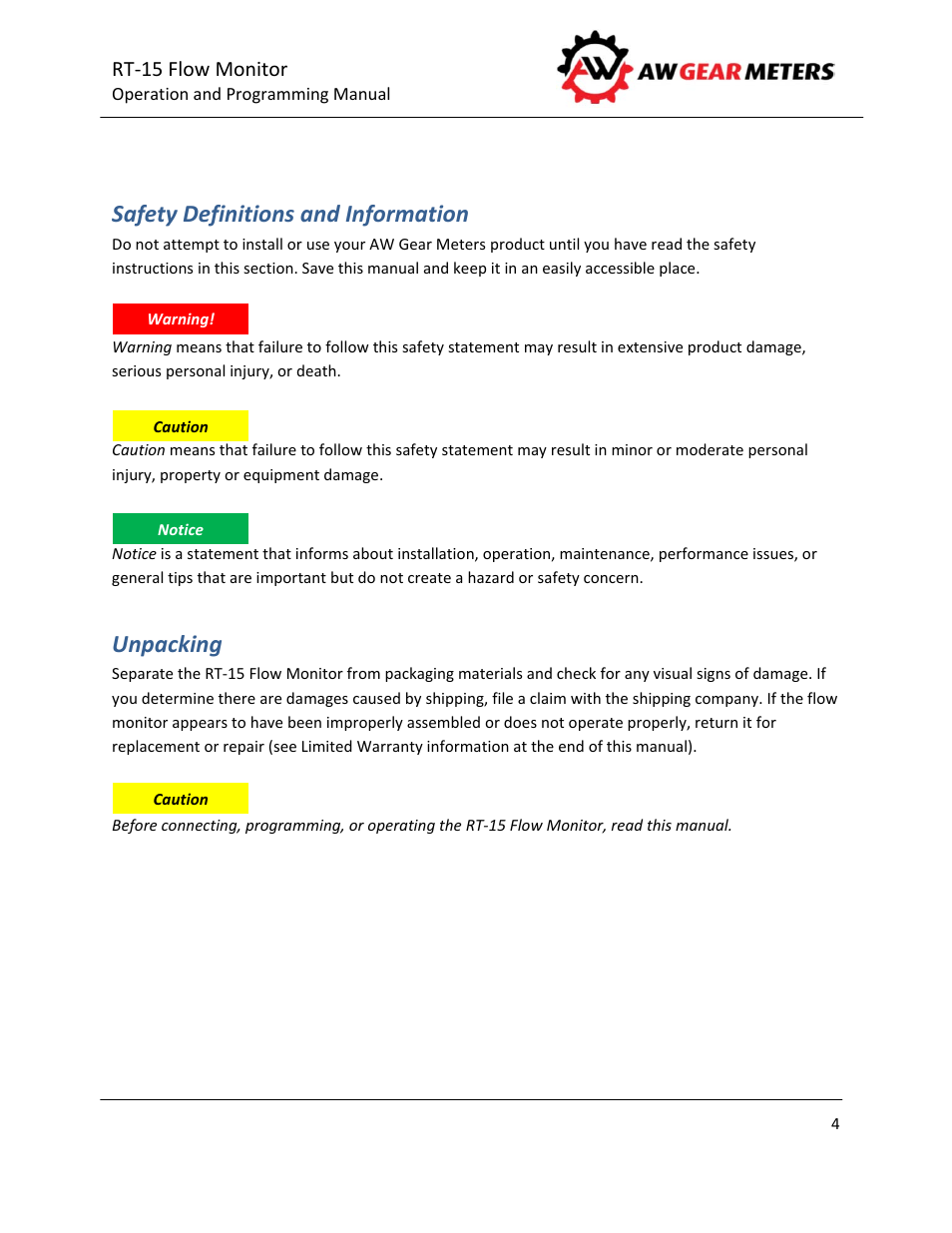 Safety definitions and information, Unpacking | AW Gear Meters RT-15 User Manual | Page 5 / 32
